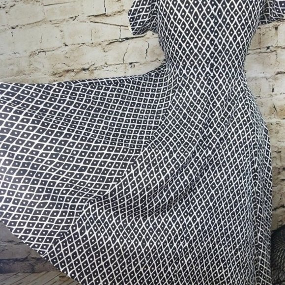 St John Collection Fit & Flare Midi Dress Black White Diamond Retro Party Silk 2 - Picture 5 of 8